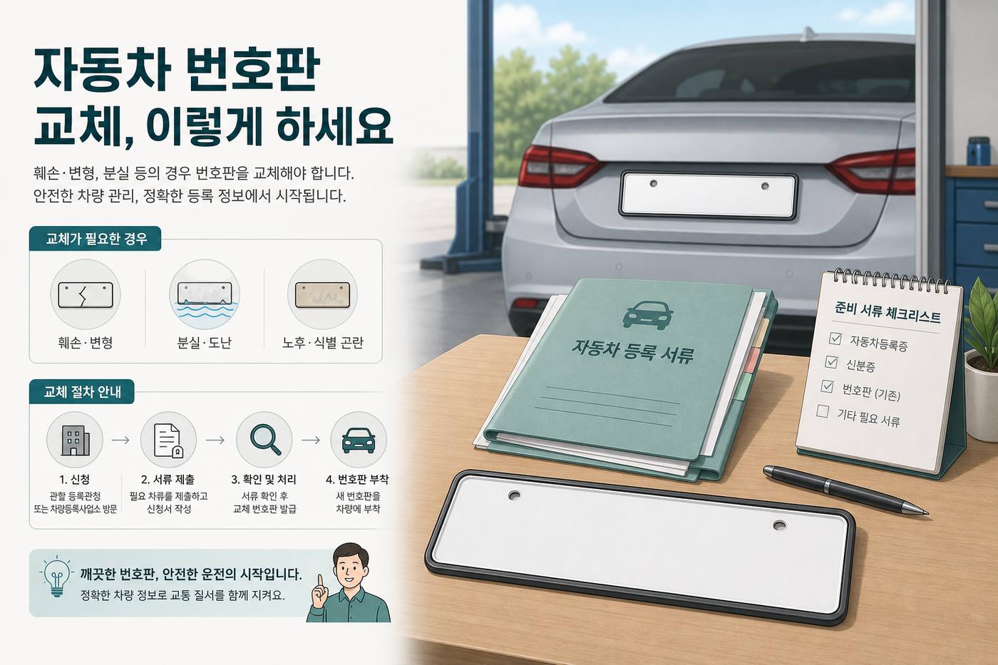 자동차 번호판 교체와 재교부 신청 방법을 안내하는 이미지