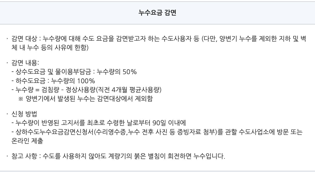 서울 아리수 사이버고객센터의 누수요금 감면 기준 안내 화면