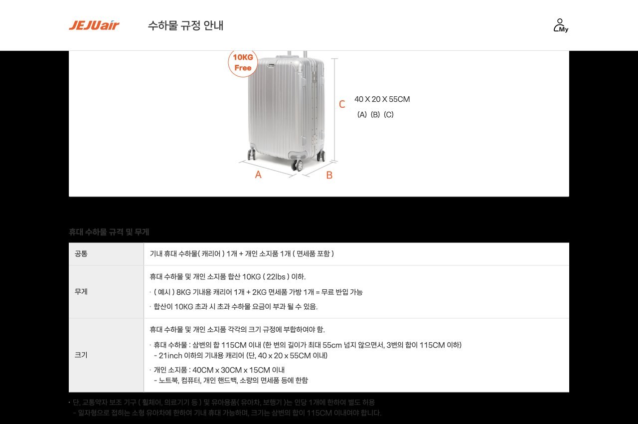 제주항공 기내 수하물 규정 안내 화면