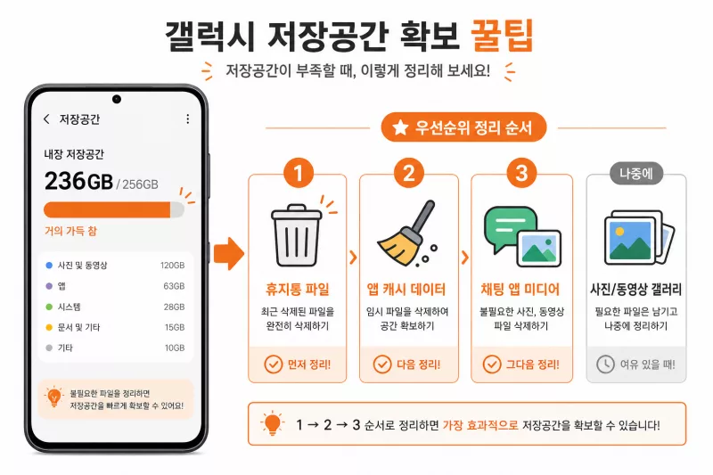 갤럭시 저장공간 부족할 때 휴지통 캐시 카톡 정리 순서 안내 이미지