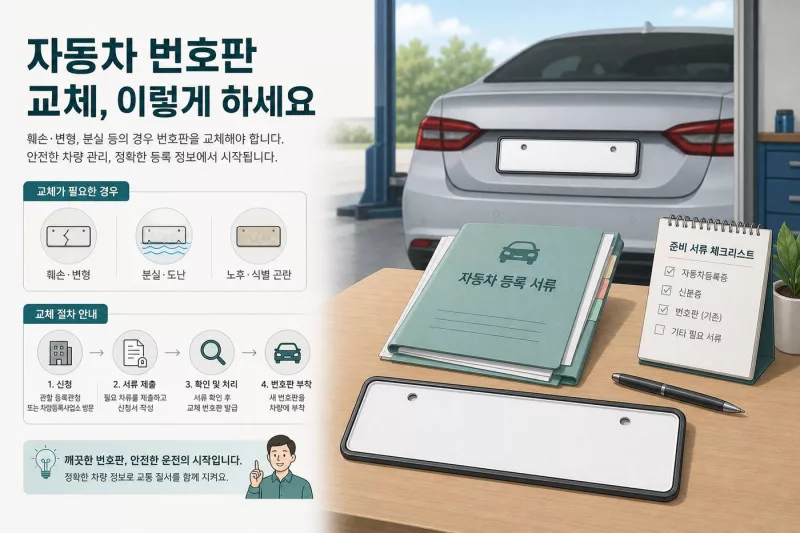 자동차 번호판 교체와 재교부 신청 방법을 안내하는 이미지