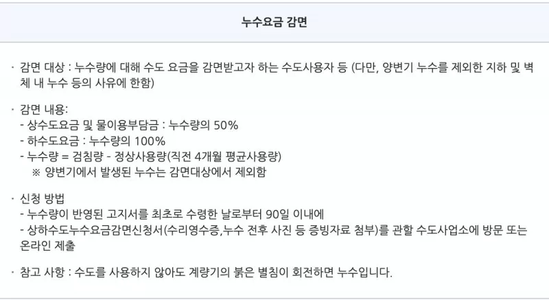 서울 아리수 사이버고객센터의 누수요금 감면 기준 안내 화면