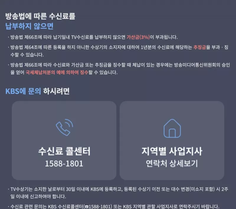 KBS 수신료 콜센터 1588-1801 및 미소지 신고 안내 화면 (방송법 납부·문의)