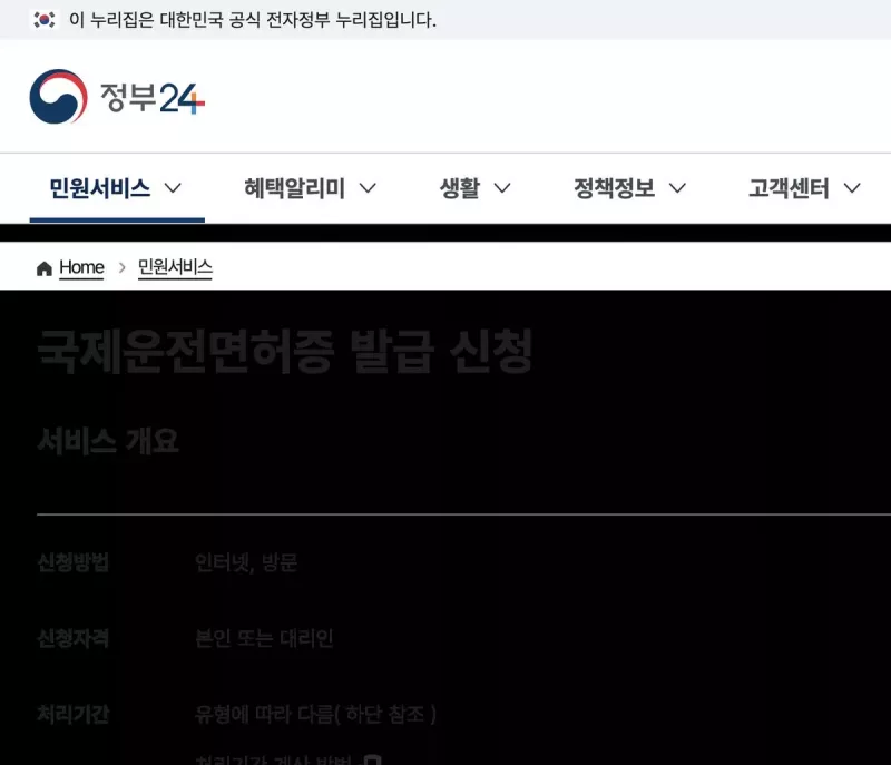 정부24 국제운전면허증 발급 신청 서비스 개요 (인터넷·방문, 본인 또는 대리인)