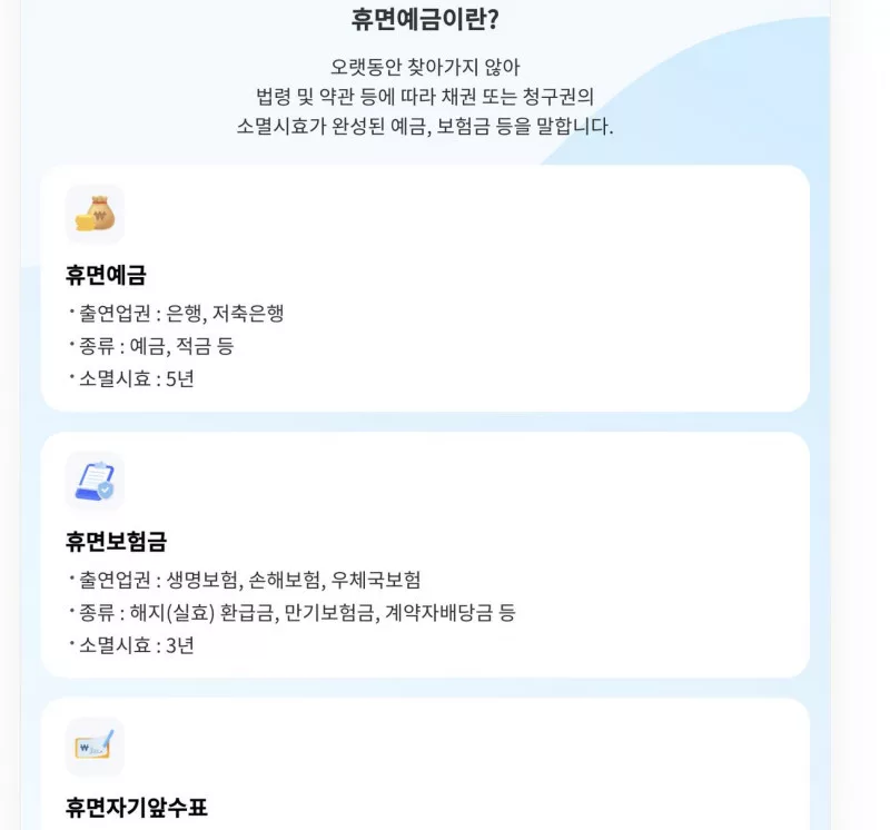 서민금융진흥원 휴면예금·휴면보험금 소멸시효 안내 화면