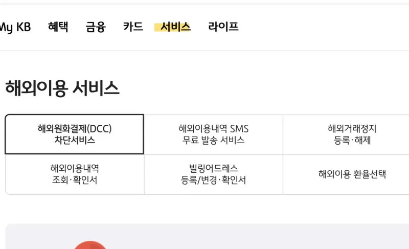KB국민카드 해외이용서비스 해외원화결제 DCC 차단과 해외거래정지 메뉴