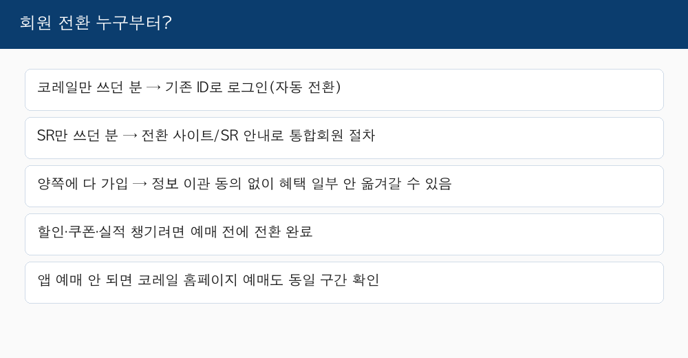 코레일+ 회원 전환 코레일 SR 중복회원 절차 안내