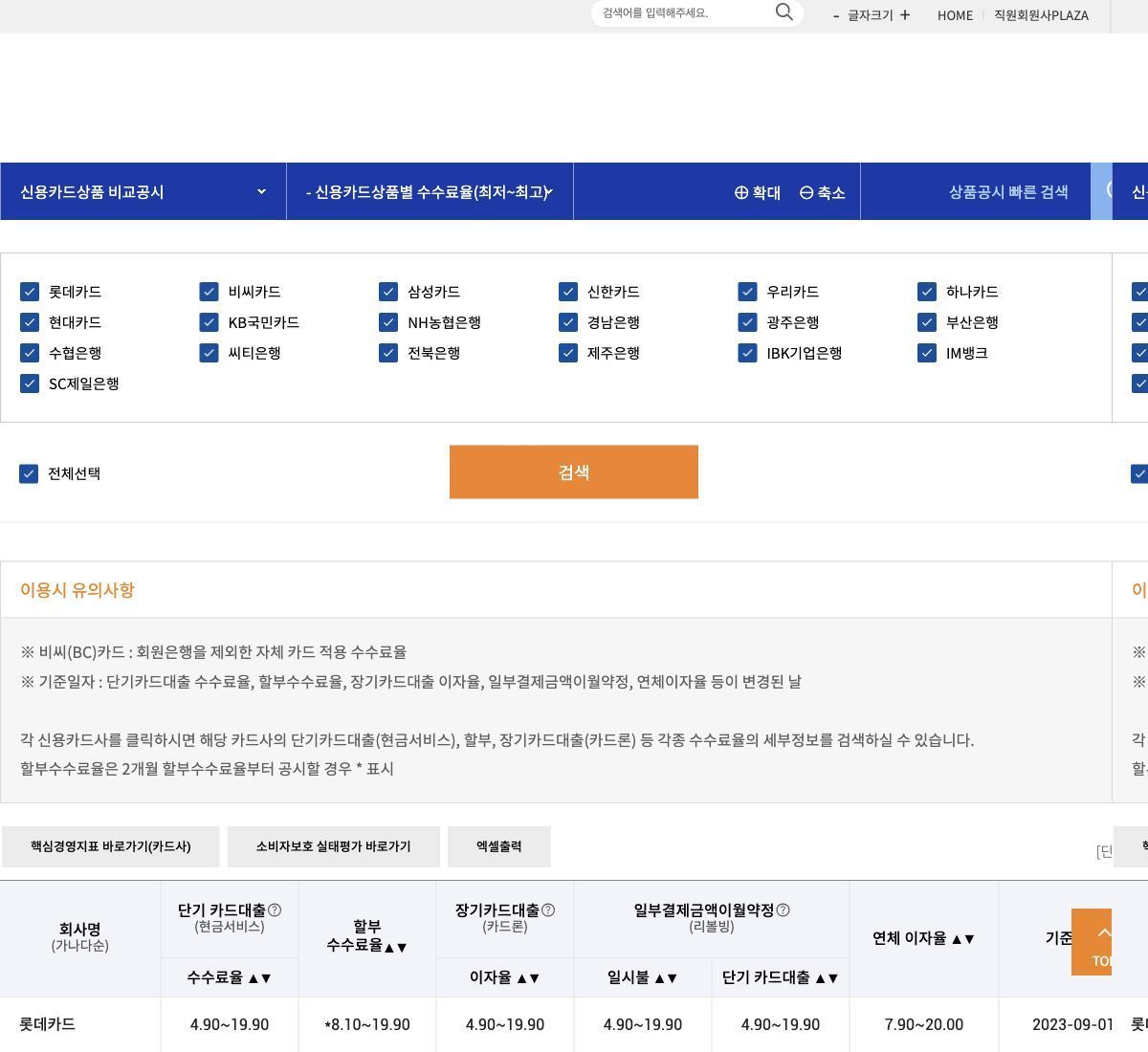 여신금융협회 공시정보포털 상품별 수수료율 카드사 선택과 할부 수수료율 표