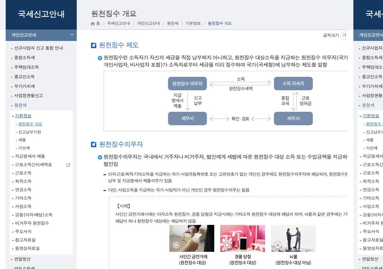 국세청 원천세 원천징수 개요 안내 화면