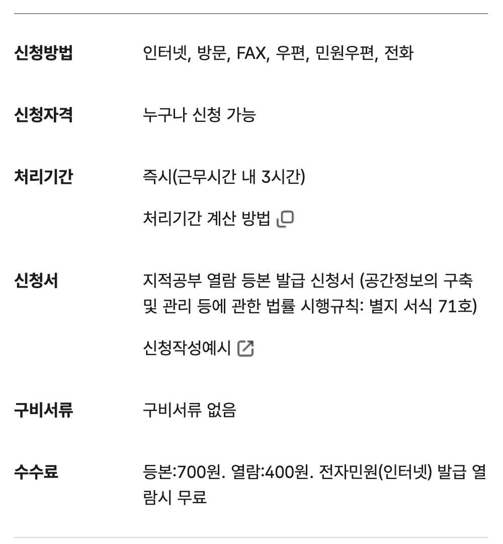 정부24 지적도 임야도 등본 발급 열람 수수료 안내 화면
