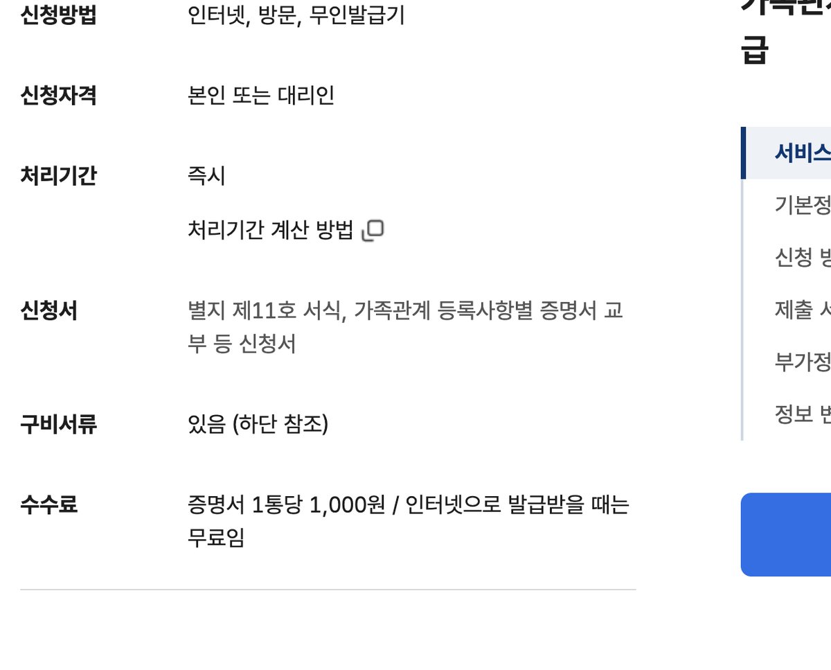 정부24 가족관계등록 증명서 수수료 인터넷 무료 안내