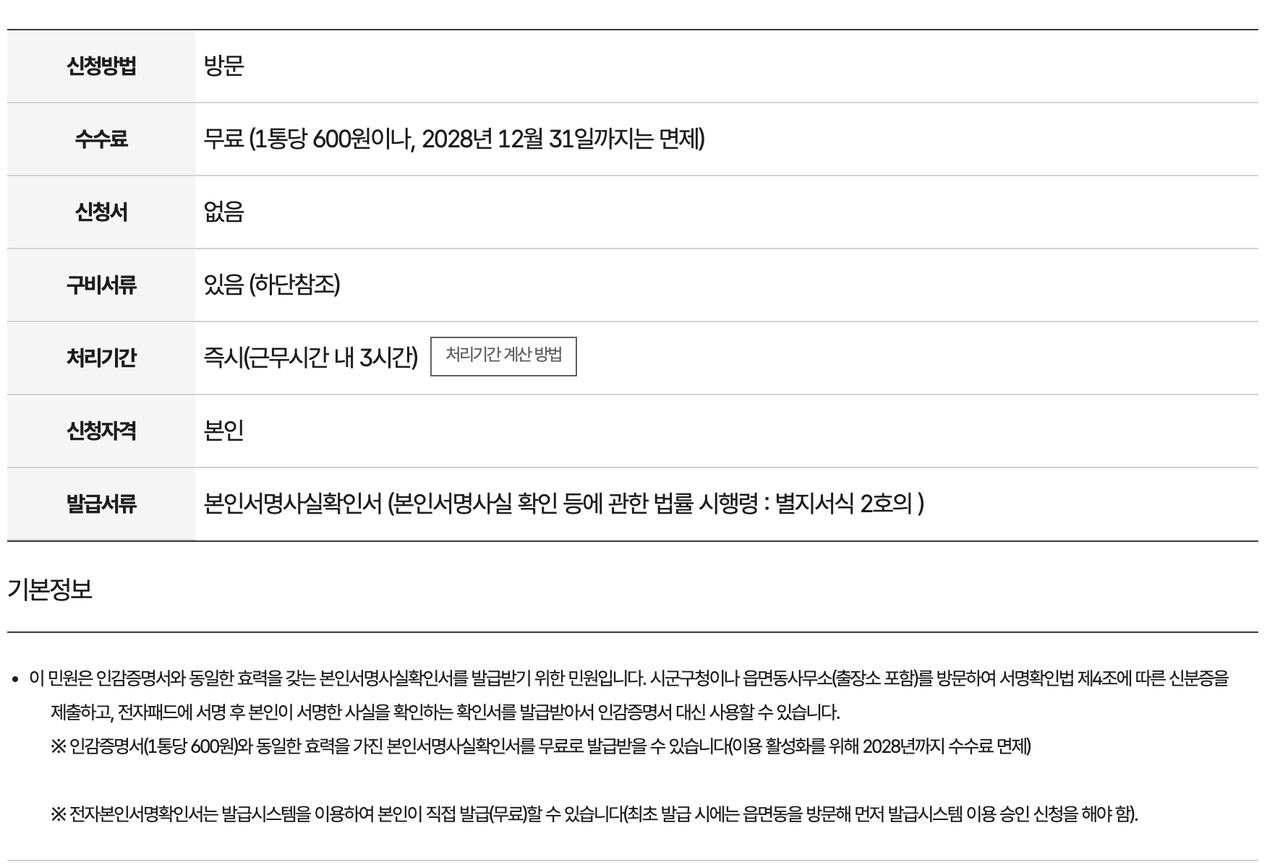 본인서명사실확인서 정부24 방문 발급 수수료 면제 안내