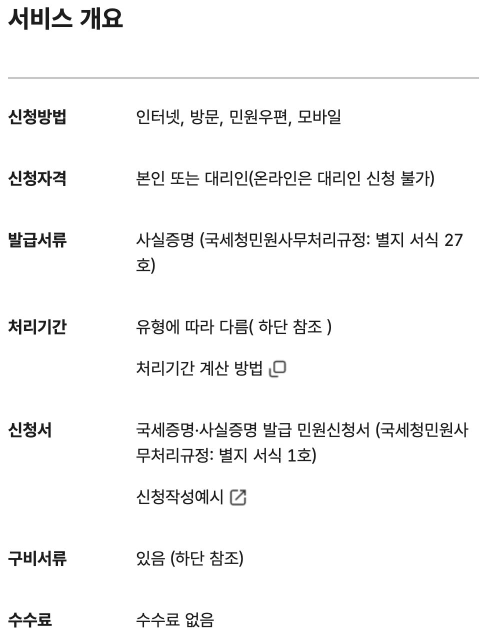 사실증명 발급 정부24 서비스 개요 수수료 없음 온라인 대리 불가