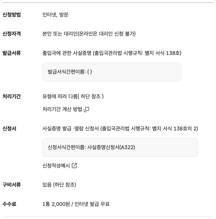 출입국사실증명 정부24 서비스 개요 수수료 1통 2000원 인터넷 무료