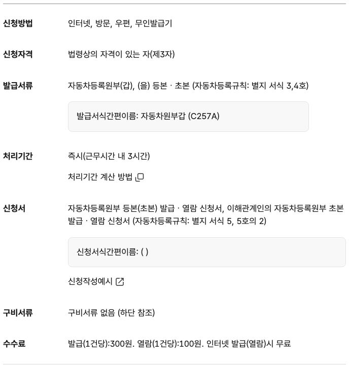 자동차등록원부 정부24 서비스개요 수수료 발급300원 열람100원 인터넷무료