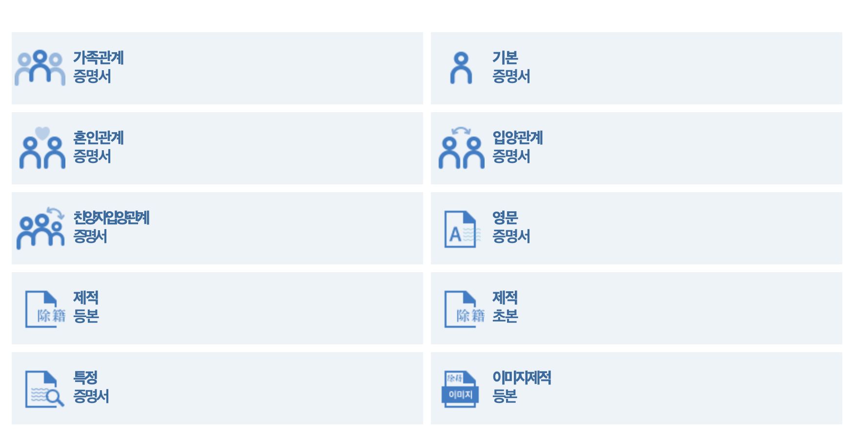 전자가족관계등록시스템 입양관계증명서 메뉴가 보이는 증명서 발급 화면