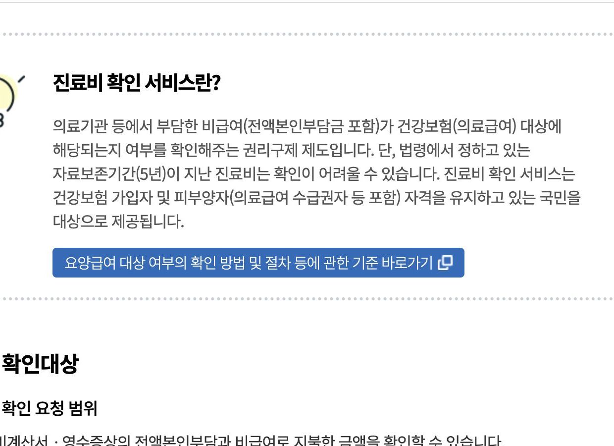 심평원 진료비 확인 서비스 비급여 확인 안내 화면