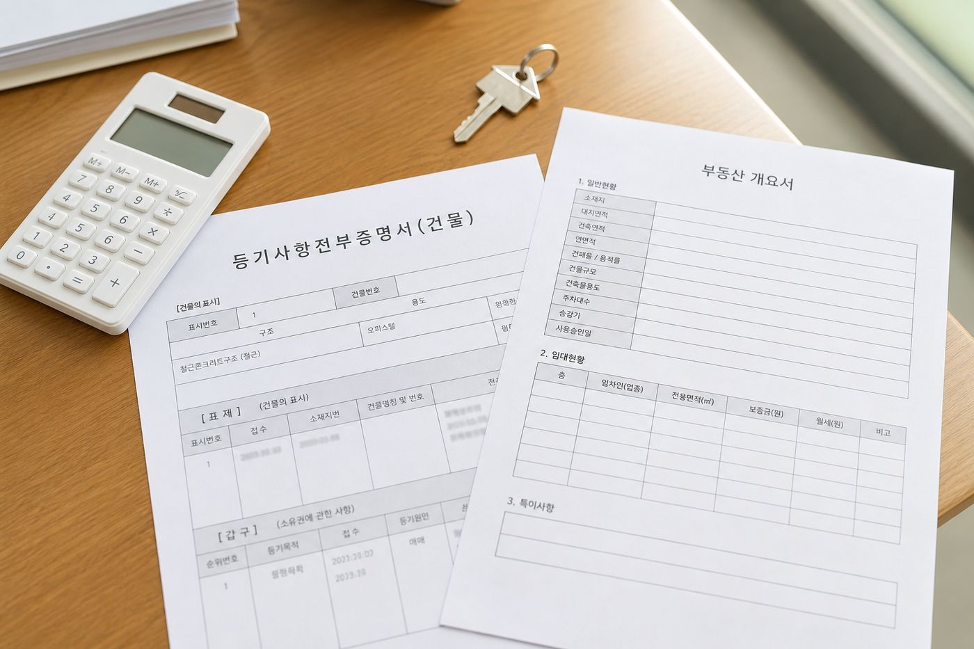 상업용 건물 매매 서류와 계산기 책상 장면 일러스트