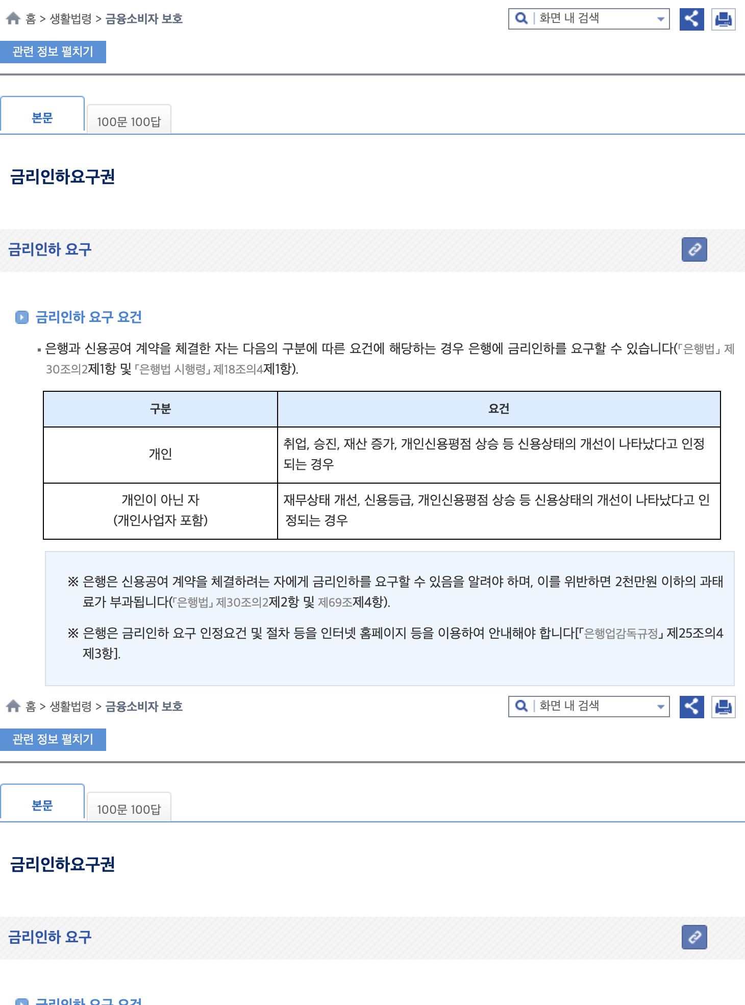 금리인하요구권 생활법령 개인 사업 승진 사업자 재무상태 요건 표