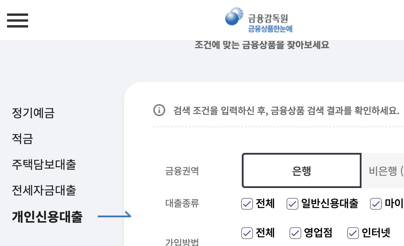 금융상품한눈에 개인신용대출 검색 조건 은행 일반신용 금융감독원