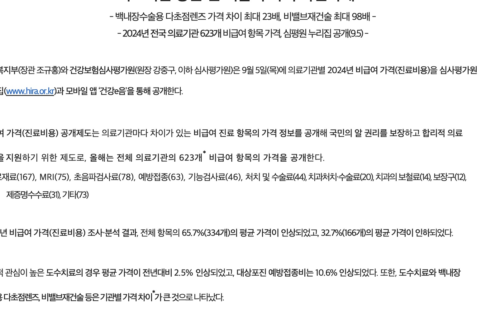 건강보험심사평가원 보도 백내장수술용 다초점렌즈 병원별 비급여 가격 격차 안내