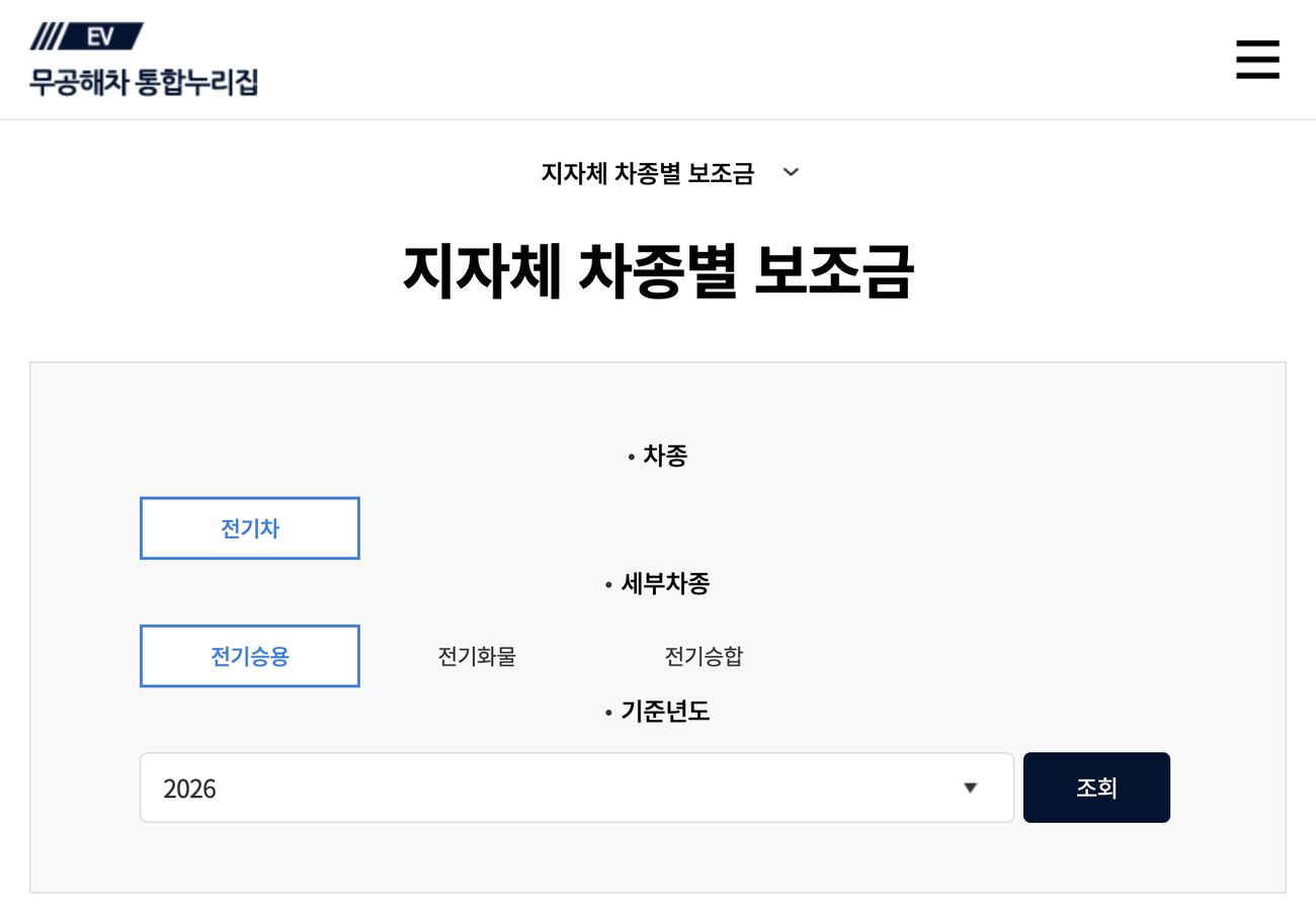 무공해차 통합누리집 지자체 차종별 보조금 조회 화면