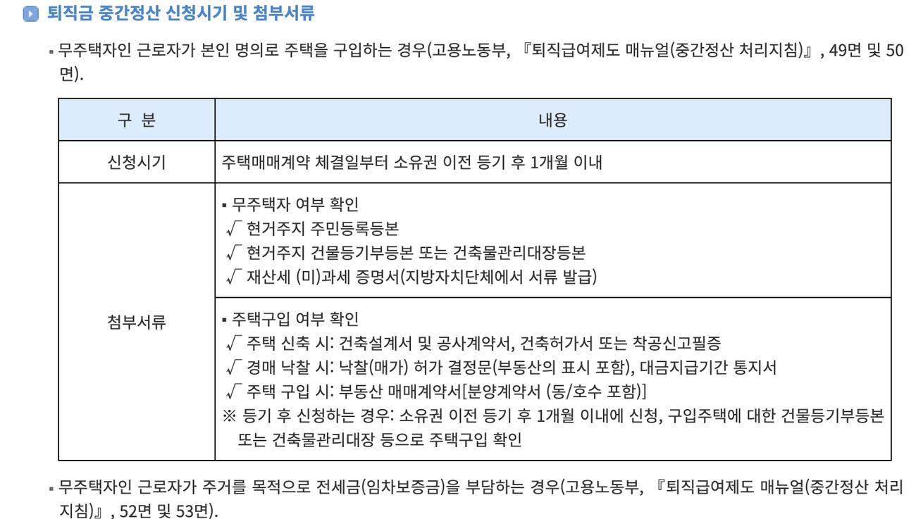 퇴직금 중간정산 주택구입 신청시기 첨부서류 생활법령정보
