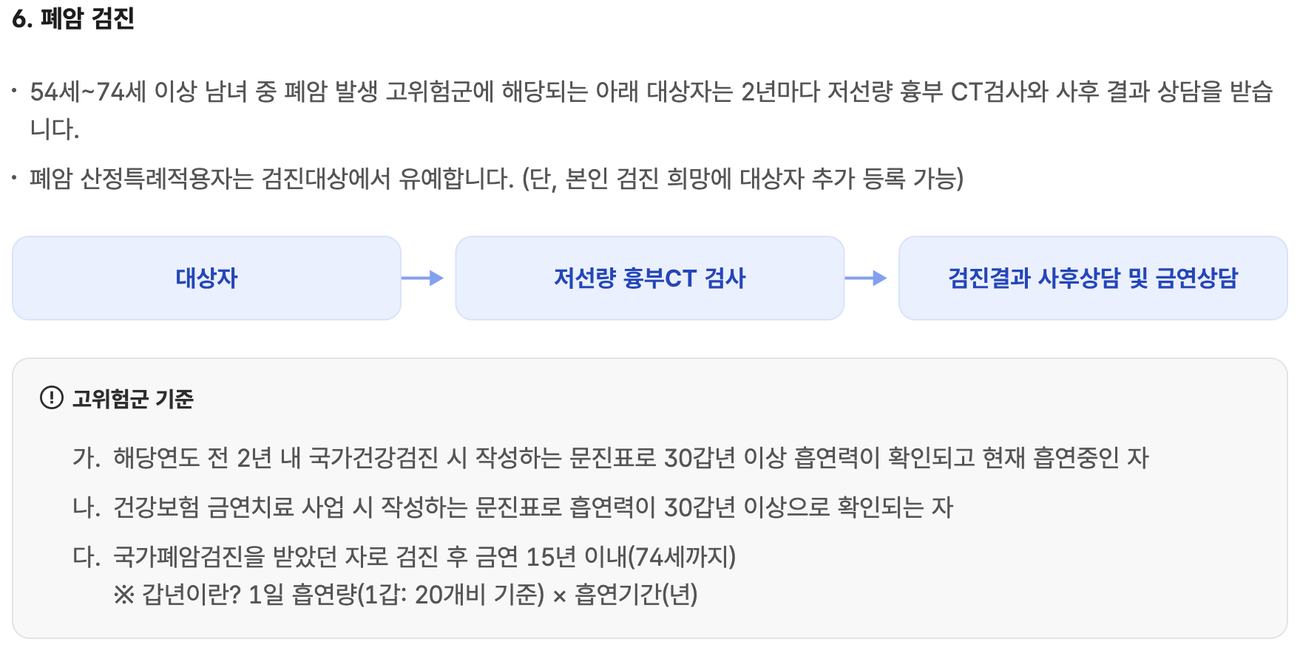 폐암 국가검진 30갑년 고위험군 저선량 CT 공단 암검진 안내
