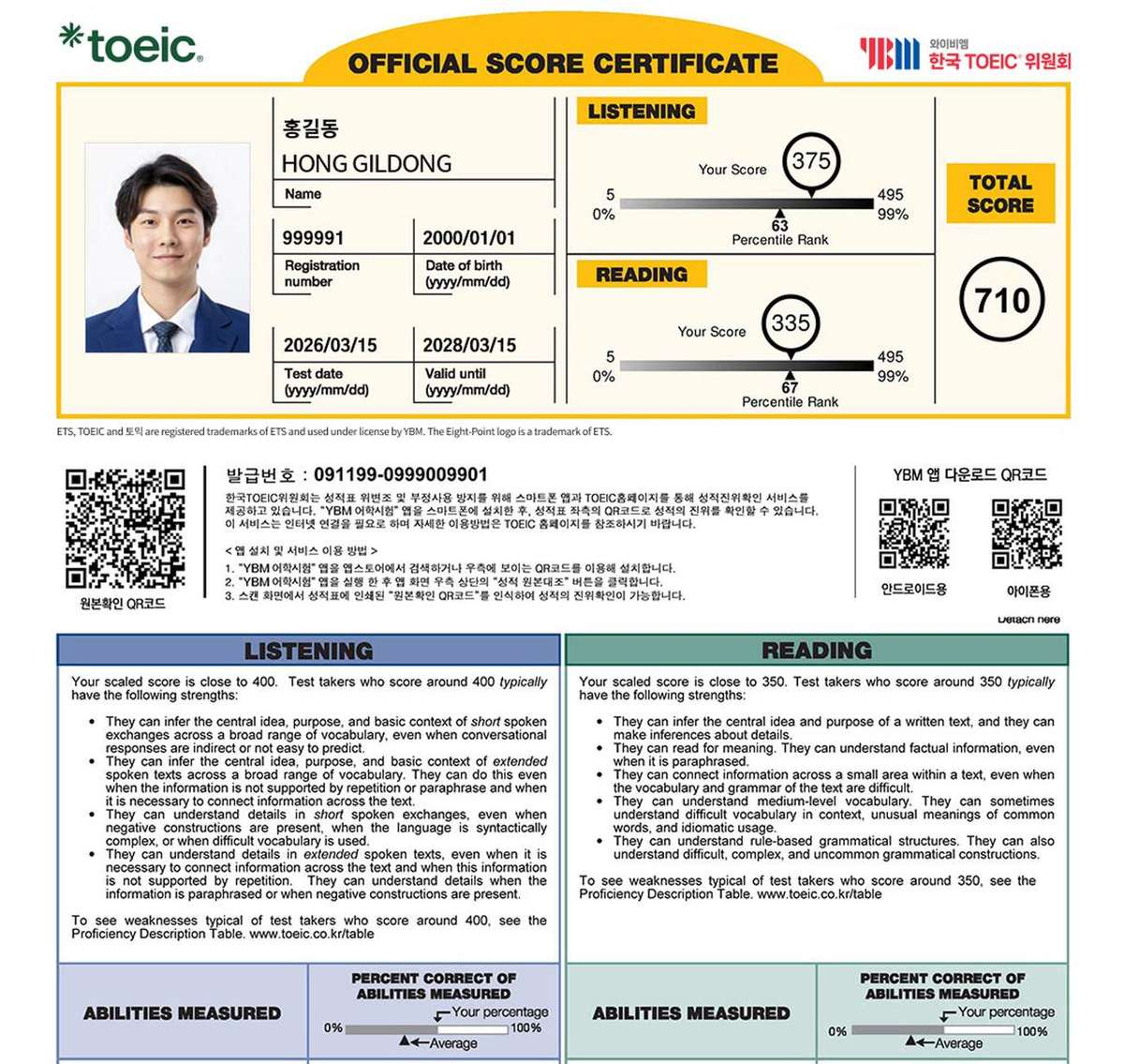 토익 공식 성적표 양식 Listening Reading Total 점수 안내