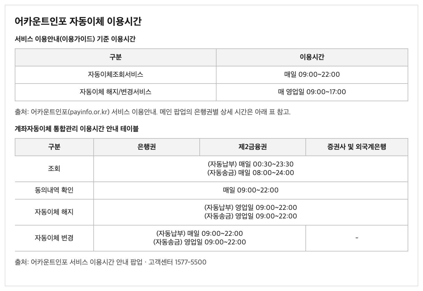 어카운트인포 자동이체 조회 해지 이용시간표