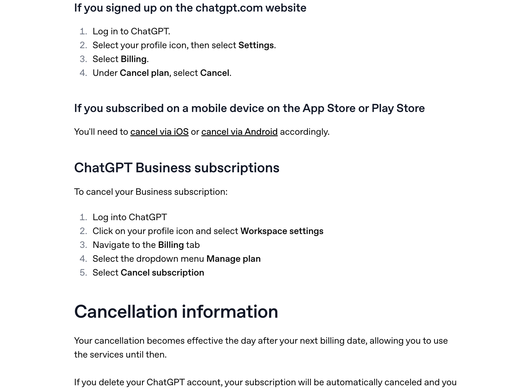 OpenAI 도움말 ChatGPT 구독 해지 Settings Billing Cancel 순서