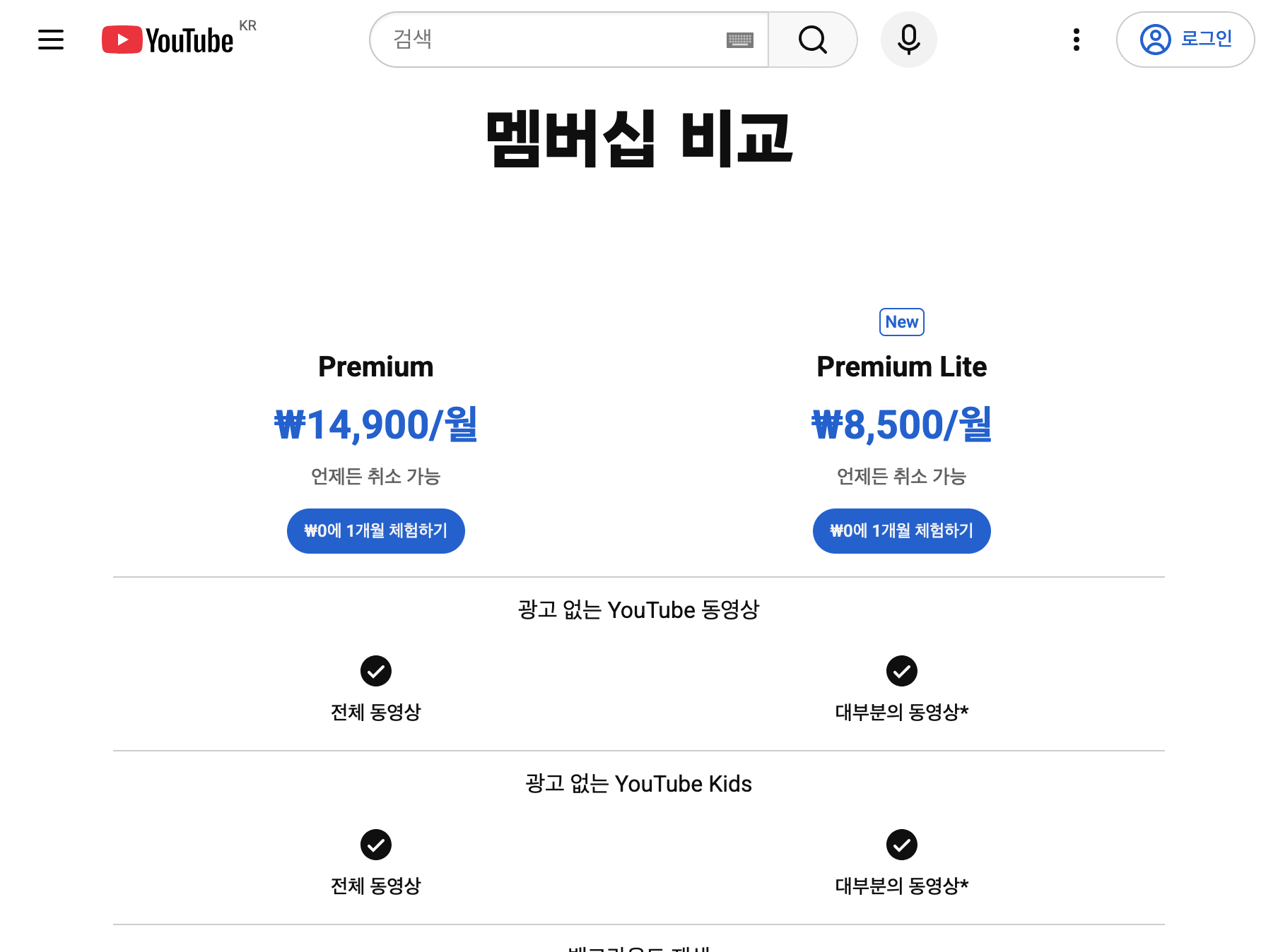 유튜브 프리미엄 공식 페이지의 Premium 월 14,900원과 Lite 월 8,500원 멤버십 비교표
