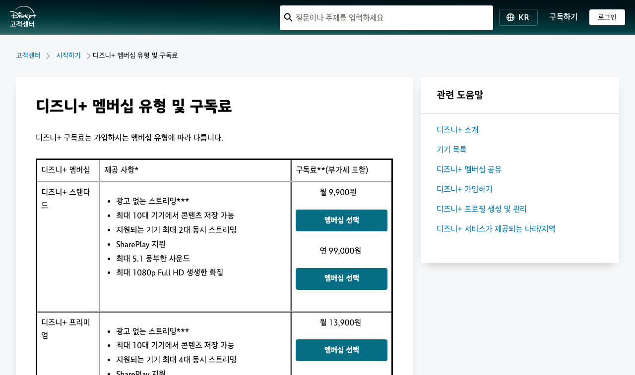 디즈니플러스 고객센터의 스탠다드와 프리미엄 멤버십 구독료 안내 화면