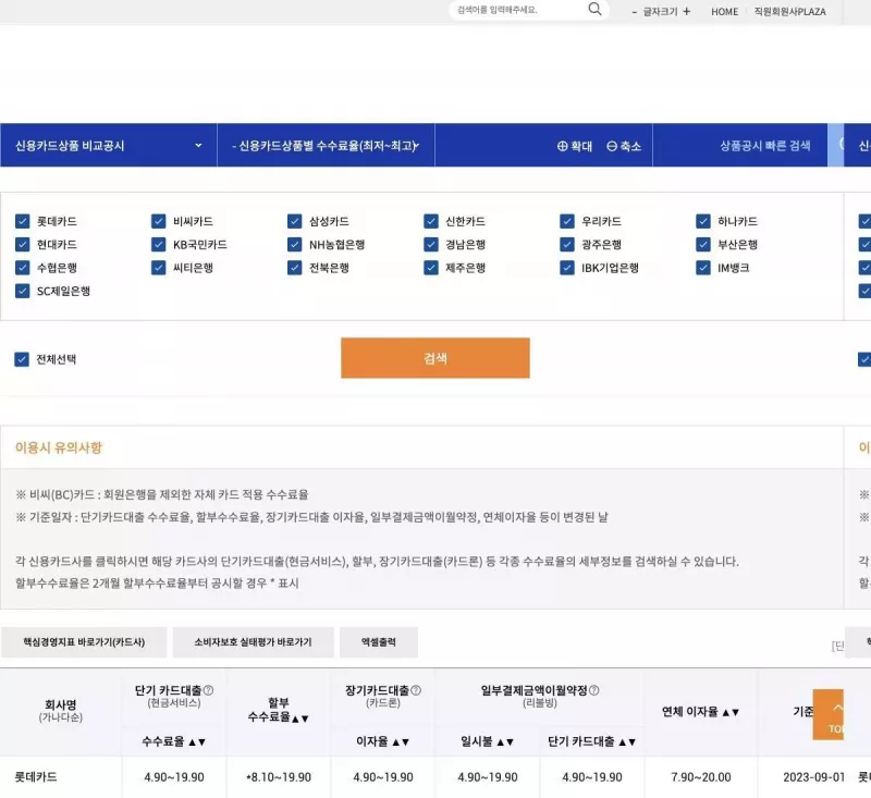 여신금융협회 공시정보포털 상품별 수수료율 카드사 선택과 할부 수수료율 표