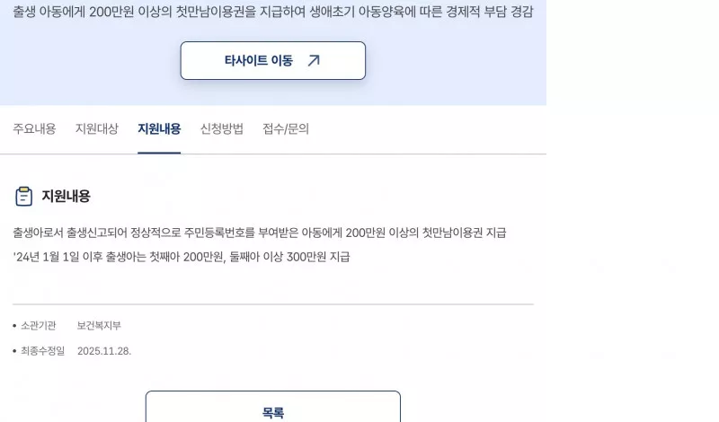 첫만남이용권 지원내용 2024년 이후 첫째 200만원 둘째 이상 300만원
