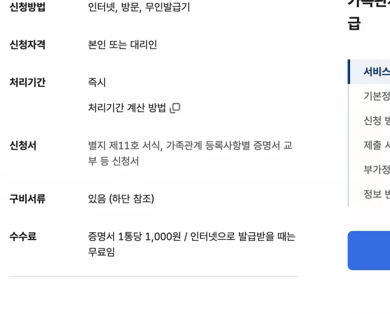 정부24 가족관계등록 증명서 수수료 인터넷 무료 안내