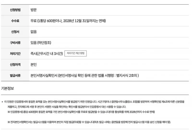 본인서명사실확인서 정부24 방문 발급 수수료 면제 안내