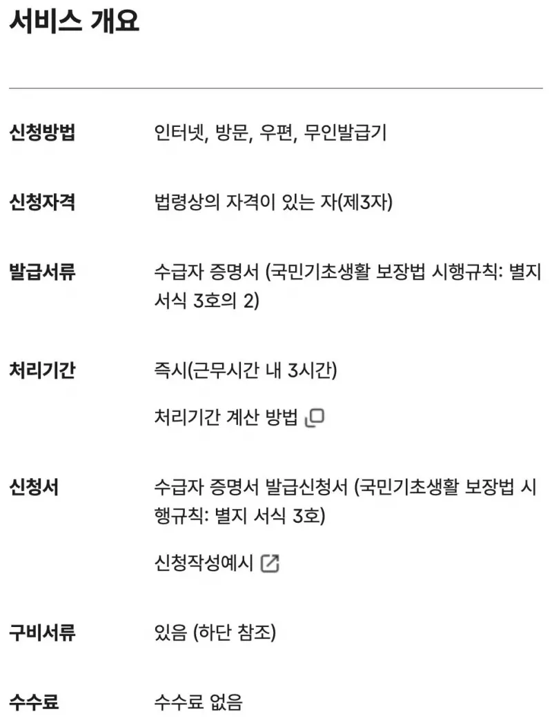 국민기초생활수급자 증명서 발급 정부24 서비스 개요 수수료 없음 즉시 처리 신청방법