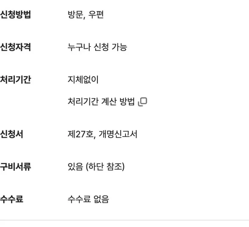 정부24 개명신고 서비스 개요 수수료 없음 방문 우편 지체없이