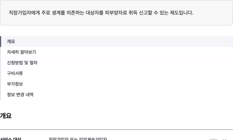 국민건강보험 피부양자 자격취득 안내 개요 화면