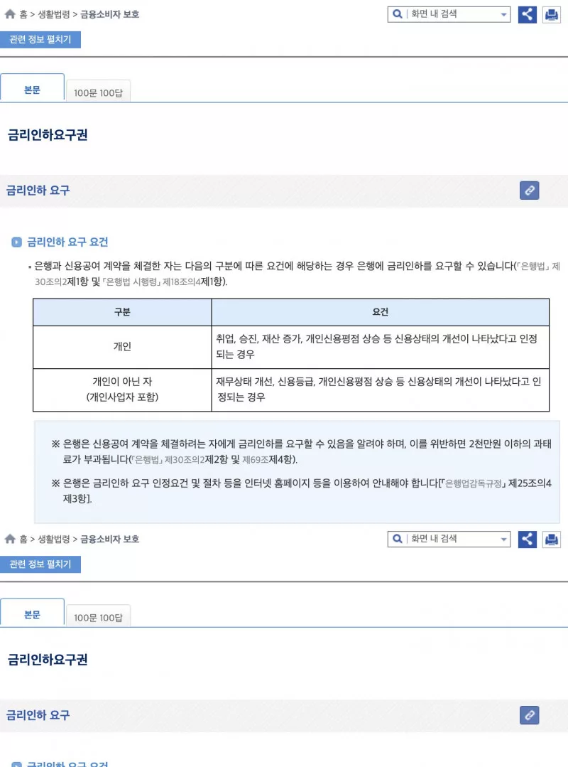 금리인하요구권 생활법령 개인 사업 승진 사업자 재무상태 요건 표