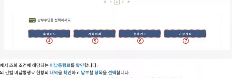 미납통행료 납부수단 후불카드 계좌이체 신용카드 가상계좌 버튼