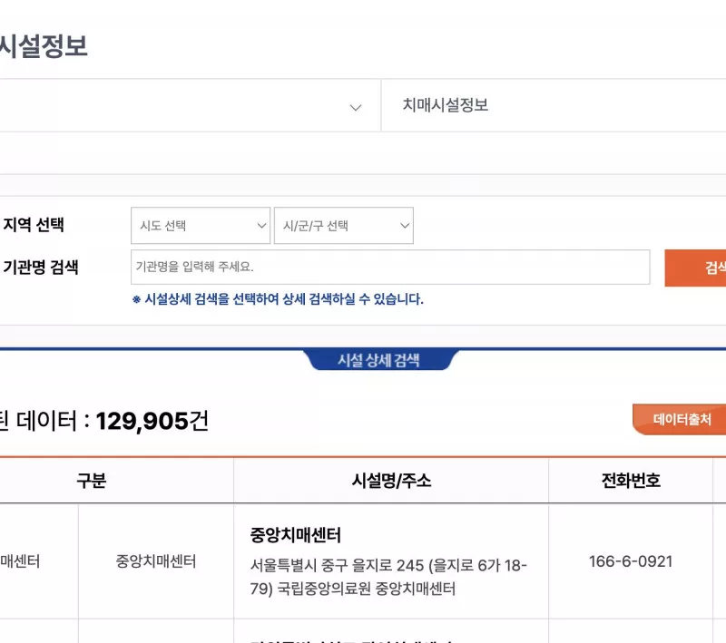 중앙치매센터 치매시설정보에서 시도와 시군구로 센터 검색 화면