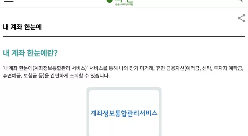 금융감독원 파인 내계좌 통합조회 및 관리 내계좌 한눈에 페이인포 안내 화면