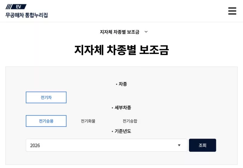 무공해차 통합누리집 지자체 차종별 보조금 조회 화면