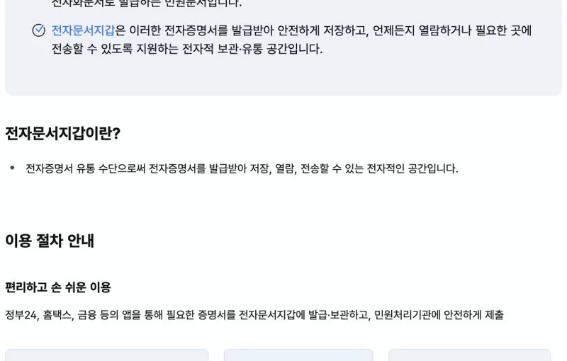 정부24 전자문서지갑이란 설명과 이용 절차 안내 화면