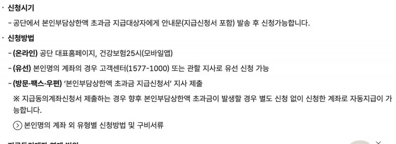 본인부담상한액 초과금 신청시기 온라인 유선 방문 공단 안내