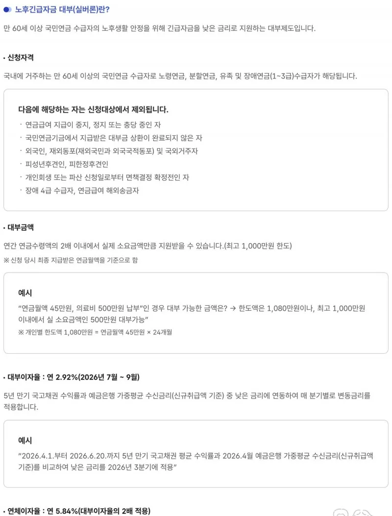 국민연금 실버론 대상 한도 최고 1000만원 대부이자율 2.92퍼센트 공단 안내