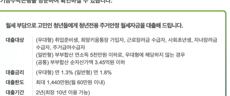 주거안정월세대출 우대형 일반형 대상과 금리 한도 공식 안내 화면