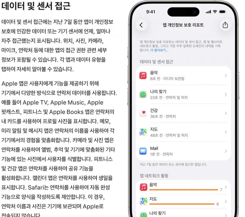 아이폰 앱 개인정보 보호 리포트 데이터 및 센서 접근